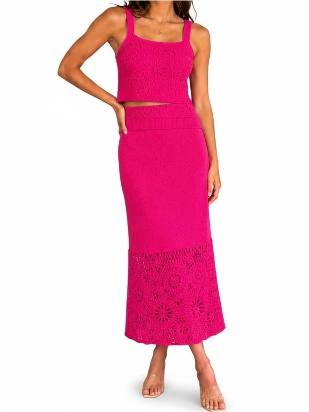 House of Harlow 1960 Crocheted Hot pink Top & Skirt Set Womens M Sleeveless Midi